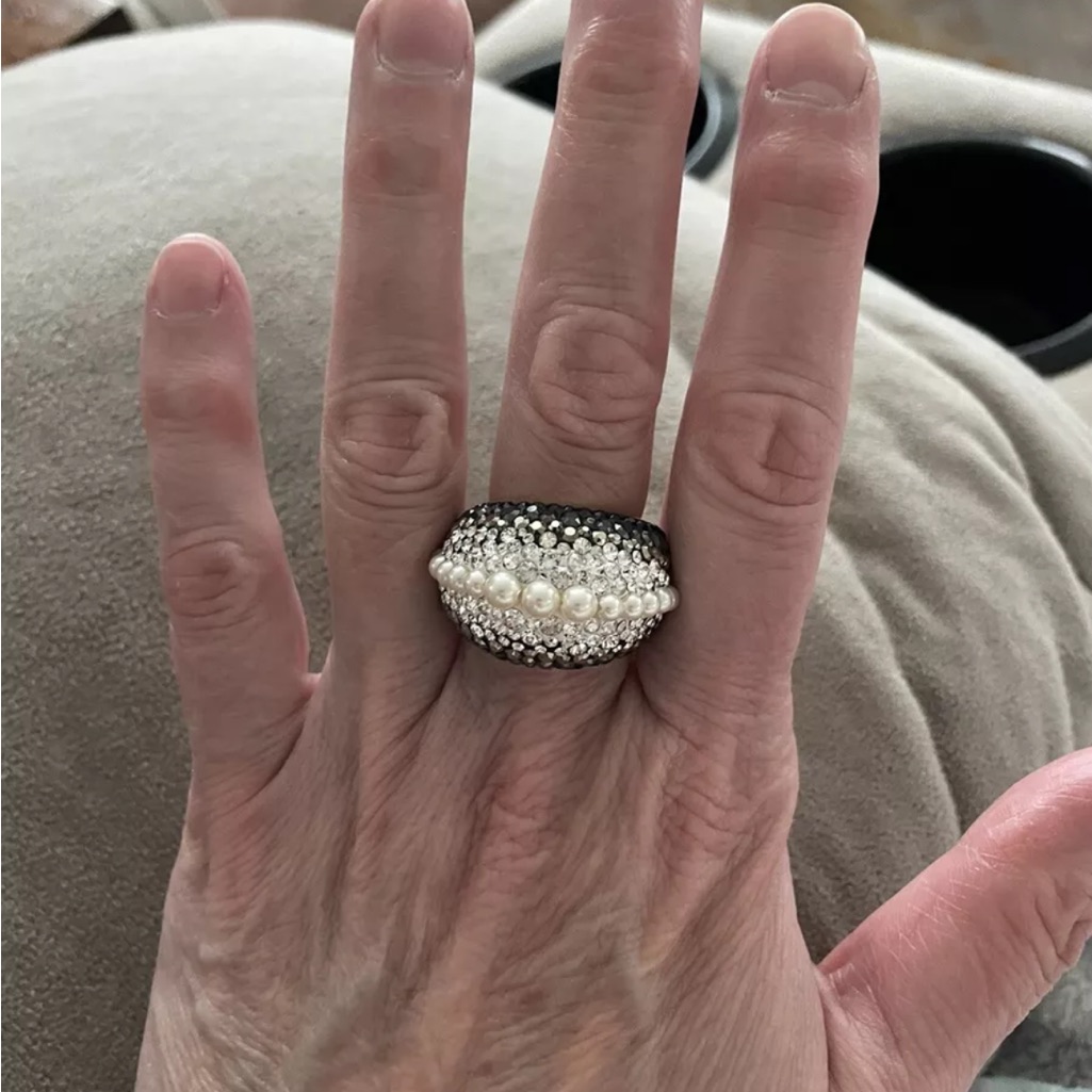 Brand New With Box Swarovski Black And Gray Crystal Pearl Ring. Gorgeous. Size 8
